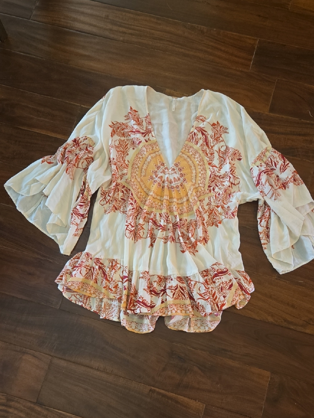 Free People Boho Peasant Blouse with Red & Yellow Floral Embroidery